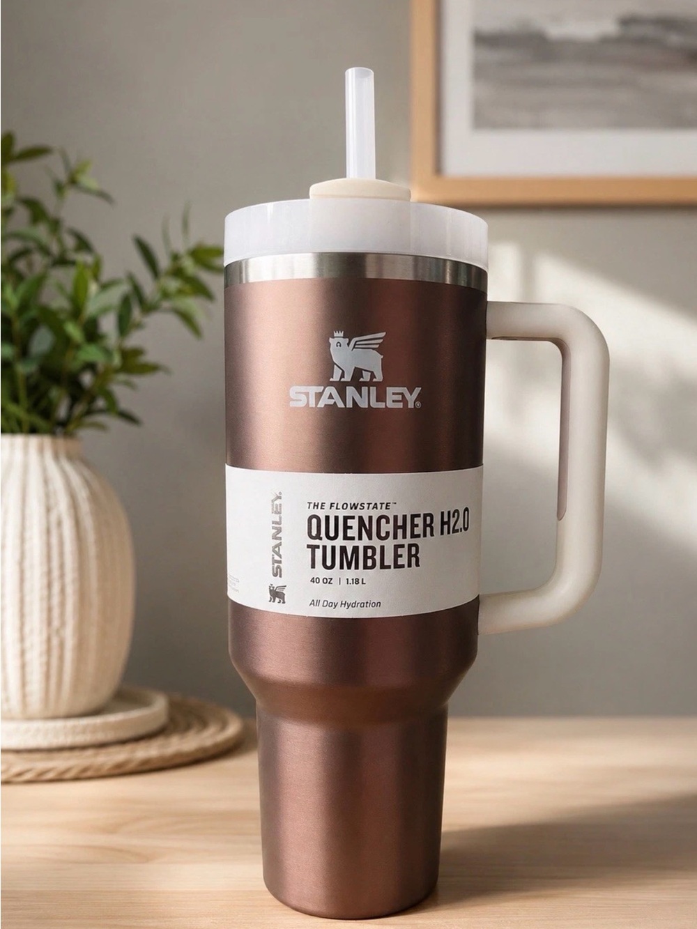 Stanley Copper Brown Quencher H2.0 Tumbler with Cream Handle and White Lid